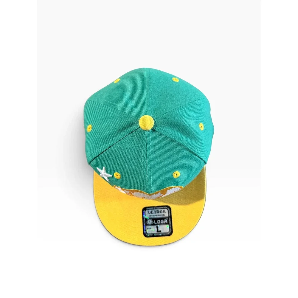 L.O.G.A. California Republic Snapback Hat Green Yellow Bear Flat Brim Cap Large